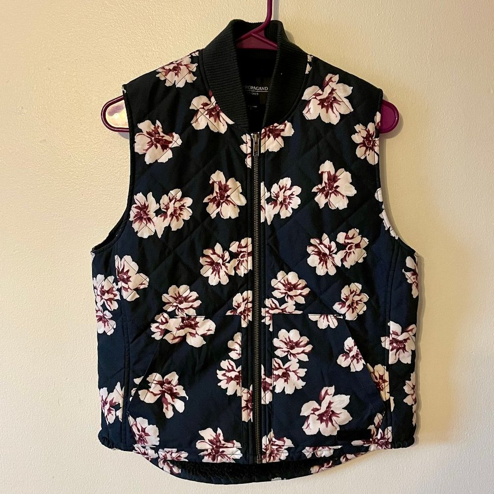Obey Propoganda | Navy Blue/Pink Floral Quilted Faux Fur-Lined Vest Small